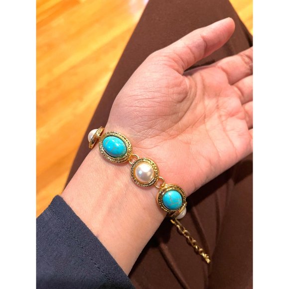 Golden bracelet blue Vintage style statement gold tone chunky round bracelet - Picture 5 of 5